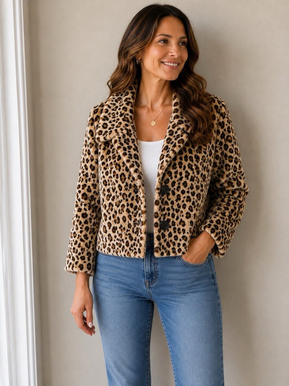 American Rag Cie Womens M Leopard Faux Fur Jacket Animal Print Cropped Coat Y2K